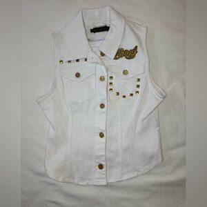 COOGI White Denim Studded Sleeveless Vest with Gold Accents